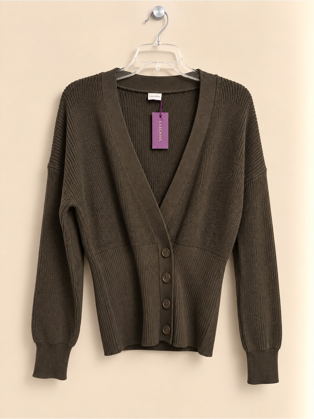 LASCANA Olive Balloon Sleeve V-Neck Cardigan Sweater Size S NWT